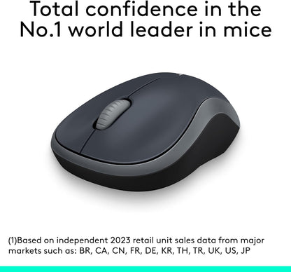 M185 Wireless Mouse, 2.4Ghz with USB Mini Receiver, 12-Month Battery Life, 1000 DPI Optical Tracking, Ambidextrous Pc/Mac/Laptop - Swift Grey