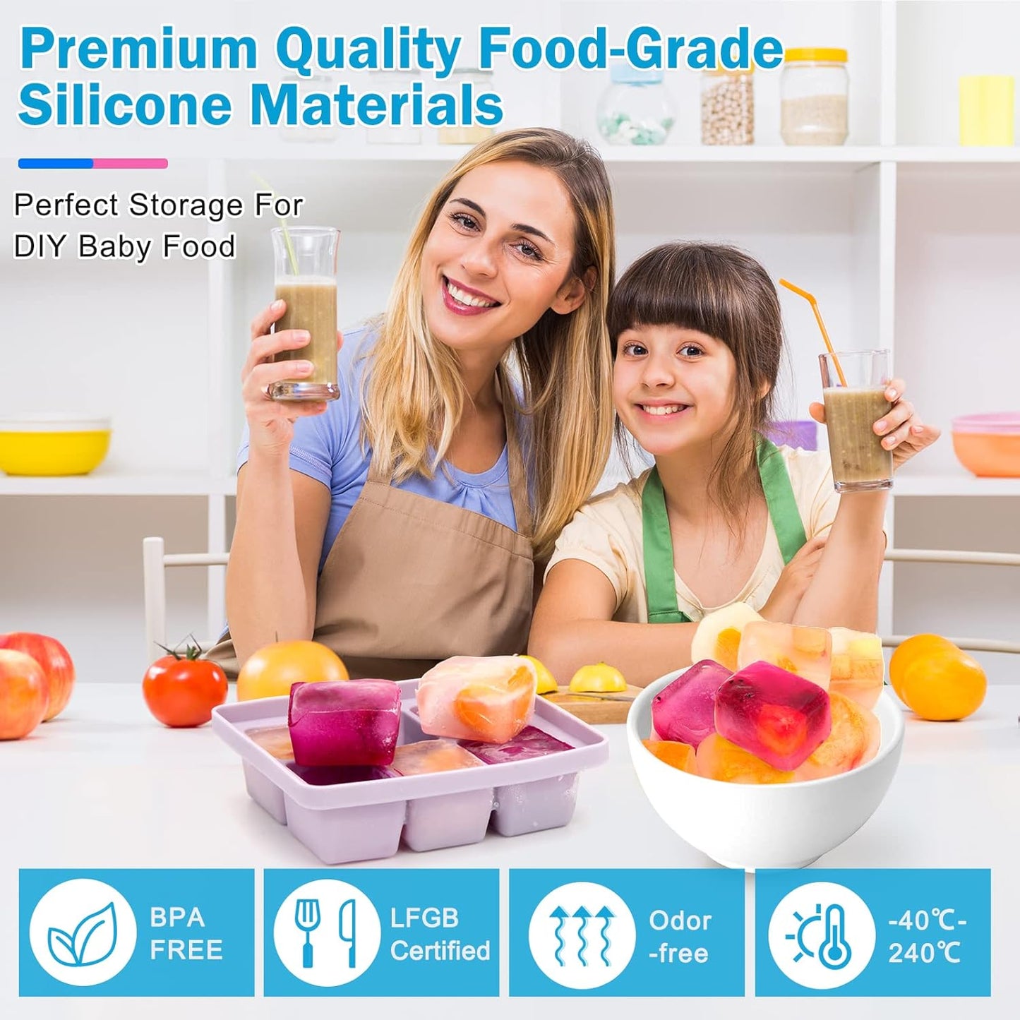 Silicone Ice Cube Tray Set with Lid and Tongs, 3-Pack Large BPA-Free Molds, Flexible Stackable Freezer Containers