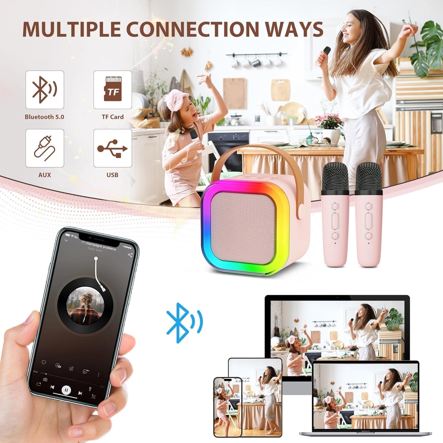 Mini Portable Karaoke Machine- Dual Wireless Microphones and LED Lights, for Ages 4+