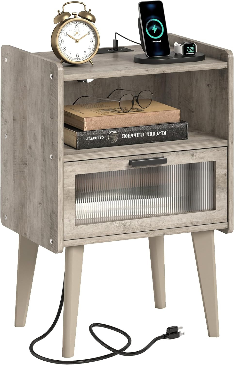 Elegant Nightstand with Integrated Charging Station, Glass-Fronted Decorative Door, and Dual-Tier Storage, White 
