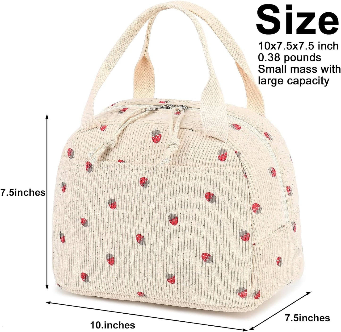 Corduroy Insulated Lunch Tote Bag for Men and Women - Reusable Large Capacity Cooler for Work, Picnics, and Travel (Strawberry Design)