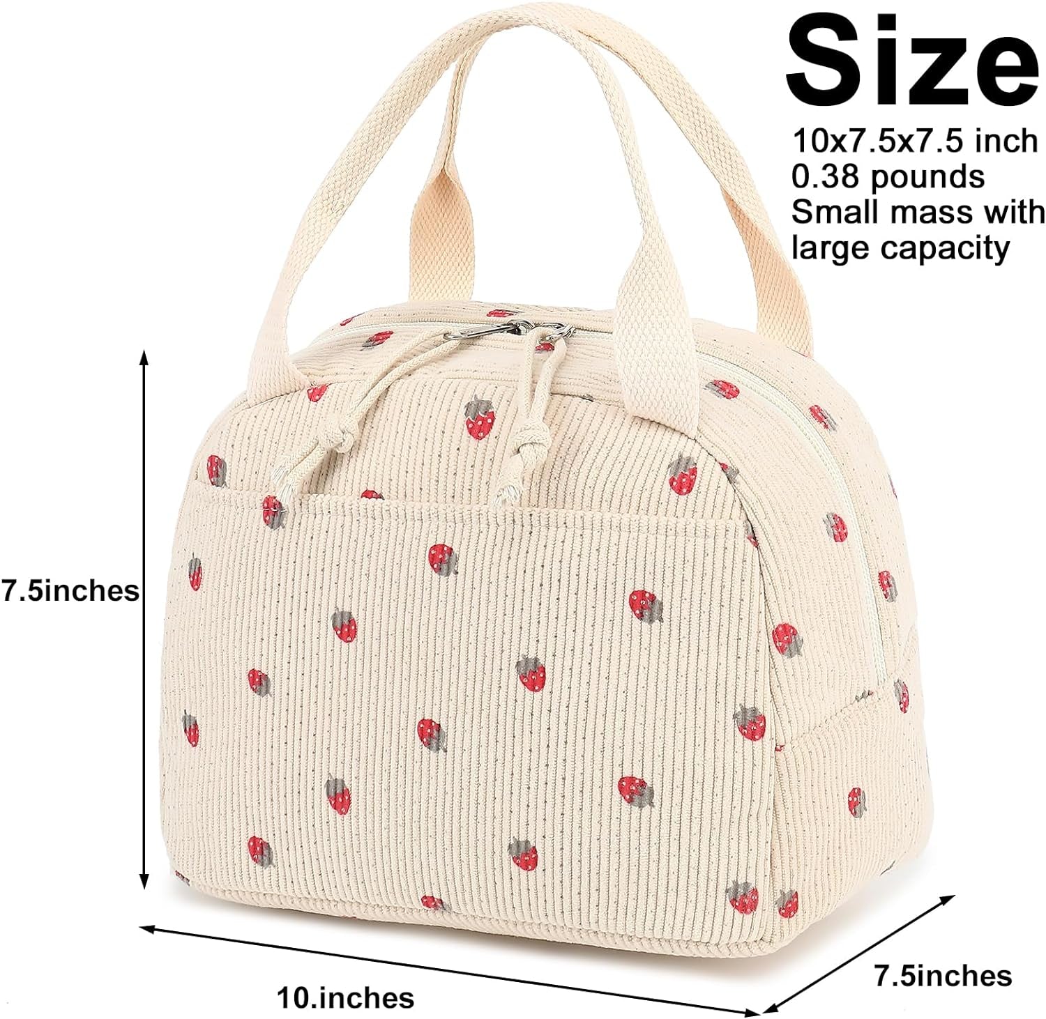 Corduroy Insulated Lunch Tote Bag for Men and Women - Reusable Large Capacity Cooler for Work, Picnics, and Travel (Strawberry Design)
