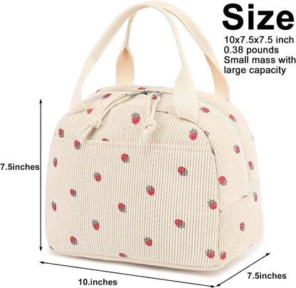 Corduroy Insulated Lunch Tote Bag for Men and Women - Reusable Large Capacity Cooler for Work, Picnics, and Travel (Strawberry Design)