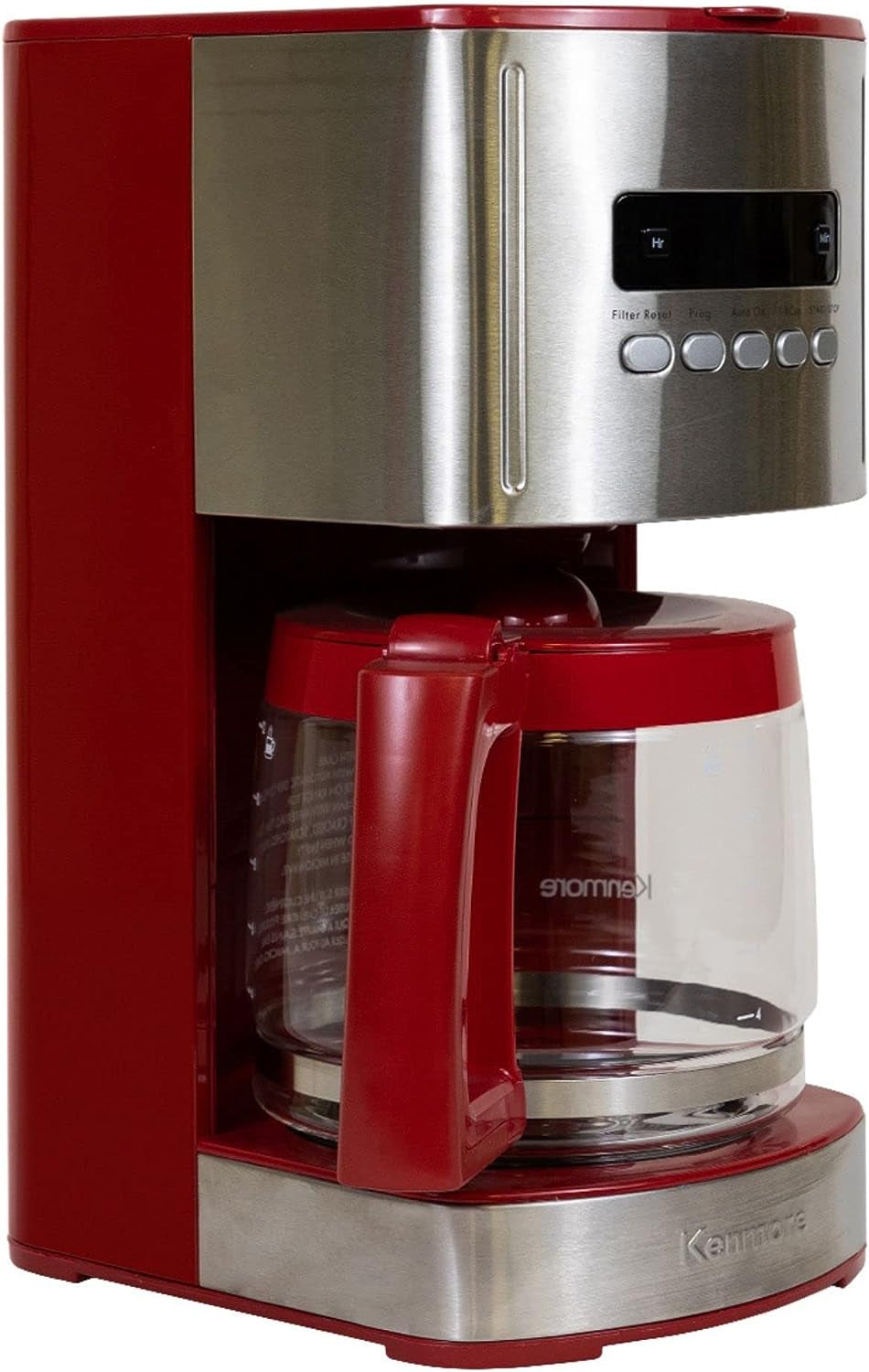Kenmore Coffee Maker 12 Cup Drip Coffee Machine Reusable Filter Programmable Timer Digital Display Aroma Control Glass Carafe Charcoal Water Filter Regular Bold Stainless Steel and Black