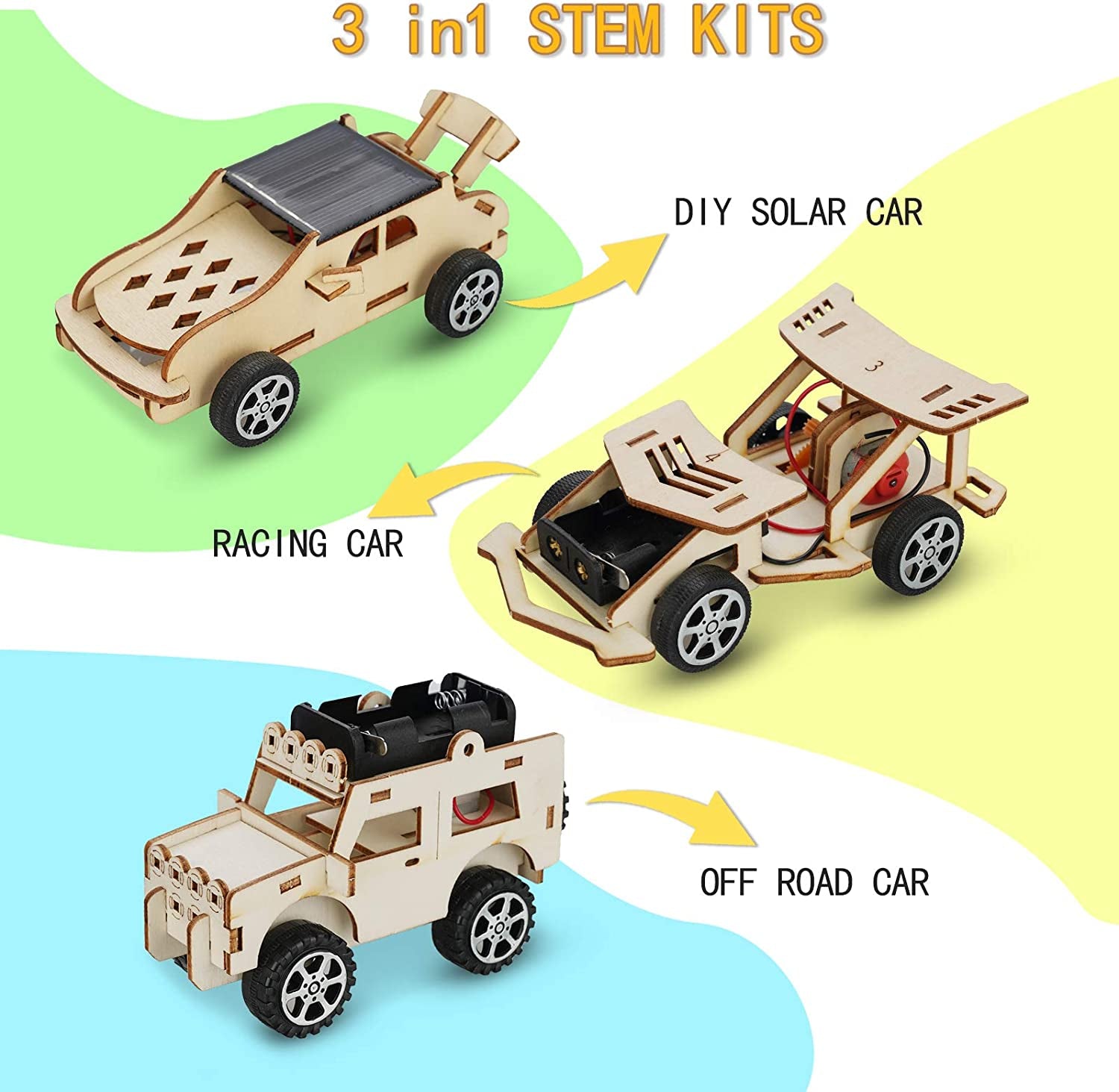 Educational Toys Science Experiment Kits, 3D Wooden Puzzle Models, DIY Solar-Powered Car Projects Ages 8+(Set of 3)