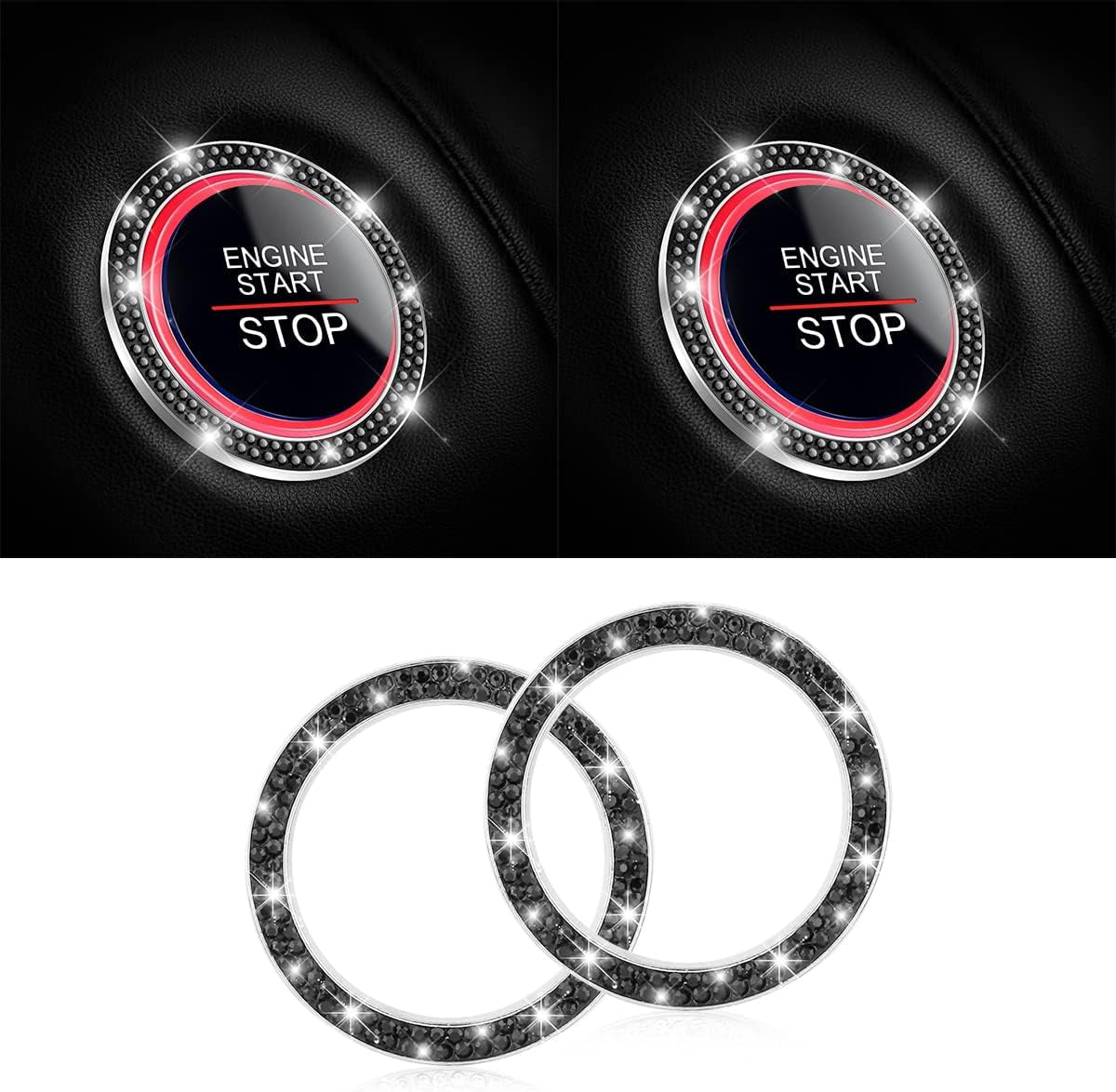 Crystal Rhinestone Engine Start Ring Decals - 2 Pack Push Start Button Covers, Key Ignition Knob Accessories, Sparkling Car Interior Decor for Women (Purple)