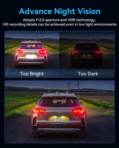 4K Full HD 3-Channel Dash Camera - Front and Rear View, Includes Free 32GB Card, Night Vision, G-Sensor, 24-Hr Park Mode, 170° Wide Angle, and Loop Recording