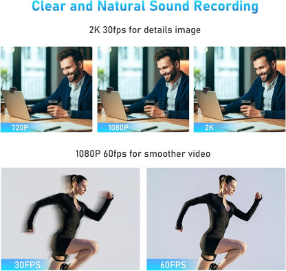 2K High-Definition Webcam with 30FPS Streaming, 1080P at 60FPS, Autofocus, Dual Noise-Cancelling Microphones, and Tripod 