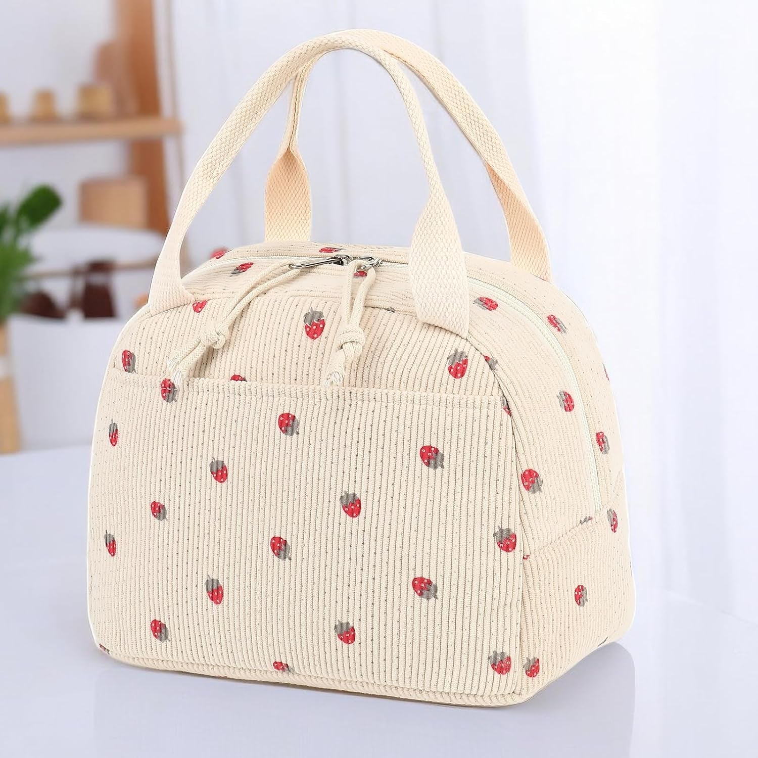 Corduroy Insulated Lunch Tote Bag for Men and Women - Reusable Large Capacity Cooler for Work, Picnics, and Travel (Strawberry Design)