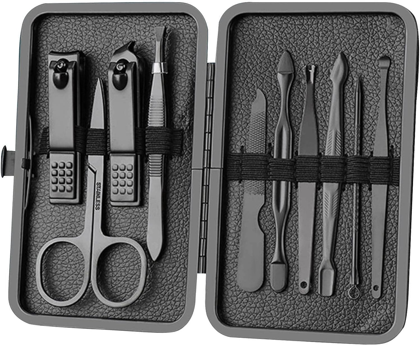 Professional 12-Piece Stainless Steel Manicure and Pedicure Set with Luxurious Travel Leather Case - (Black)