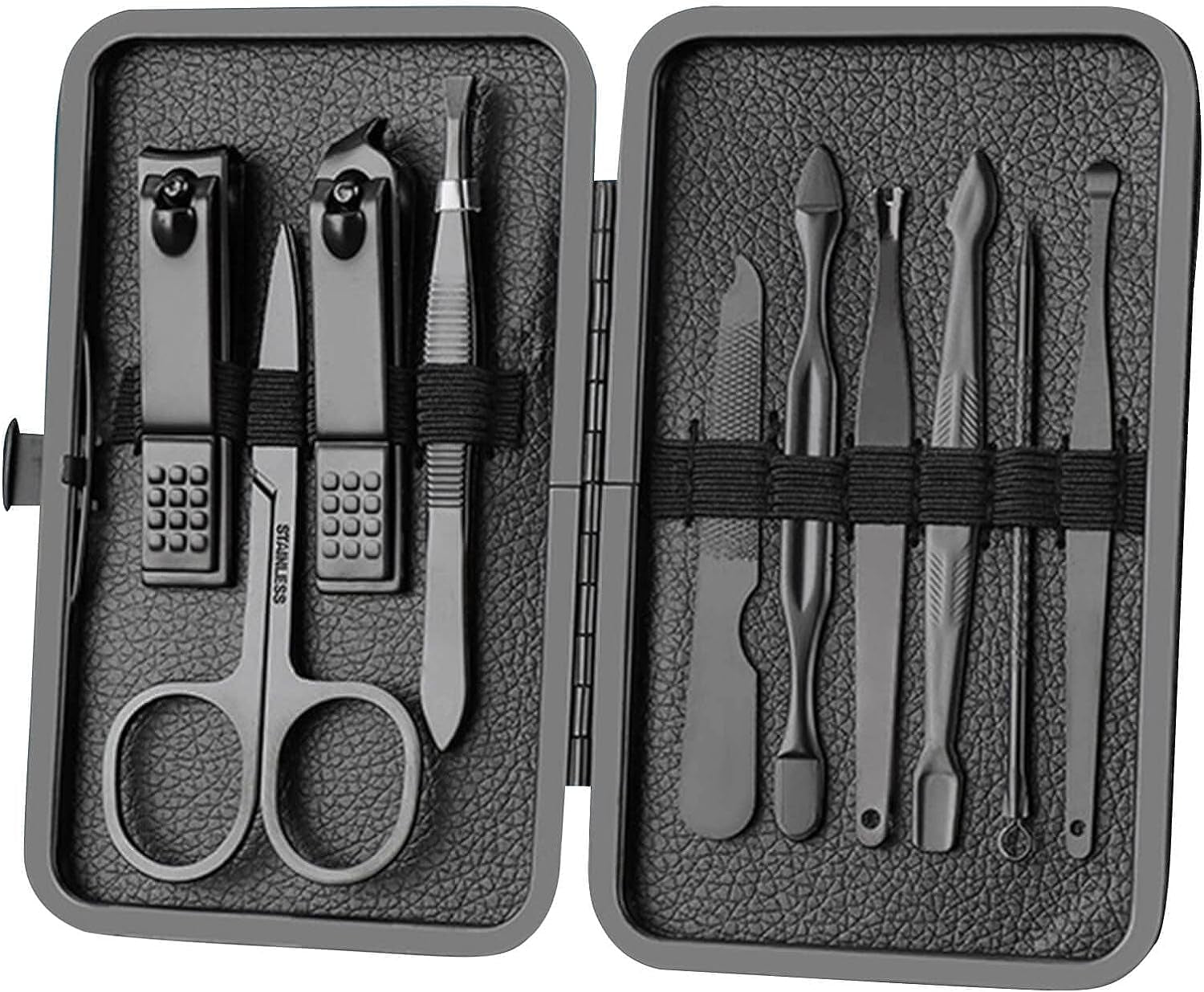 Professional 12-Piece Stainless Steel Manicure and Pedicure Set with Luxurious Travel Leather Case - (Black)