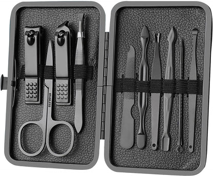Professional 12-Piece Stainless Steel Manicure and Pedicure Set with Luxurious Travel Leather Case - (Black)