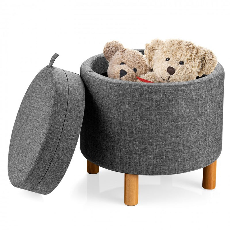 Round Fabric Storage Ottoman with Tray and Non-Slip Pads for Bedroom Organization