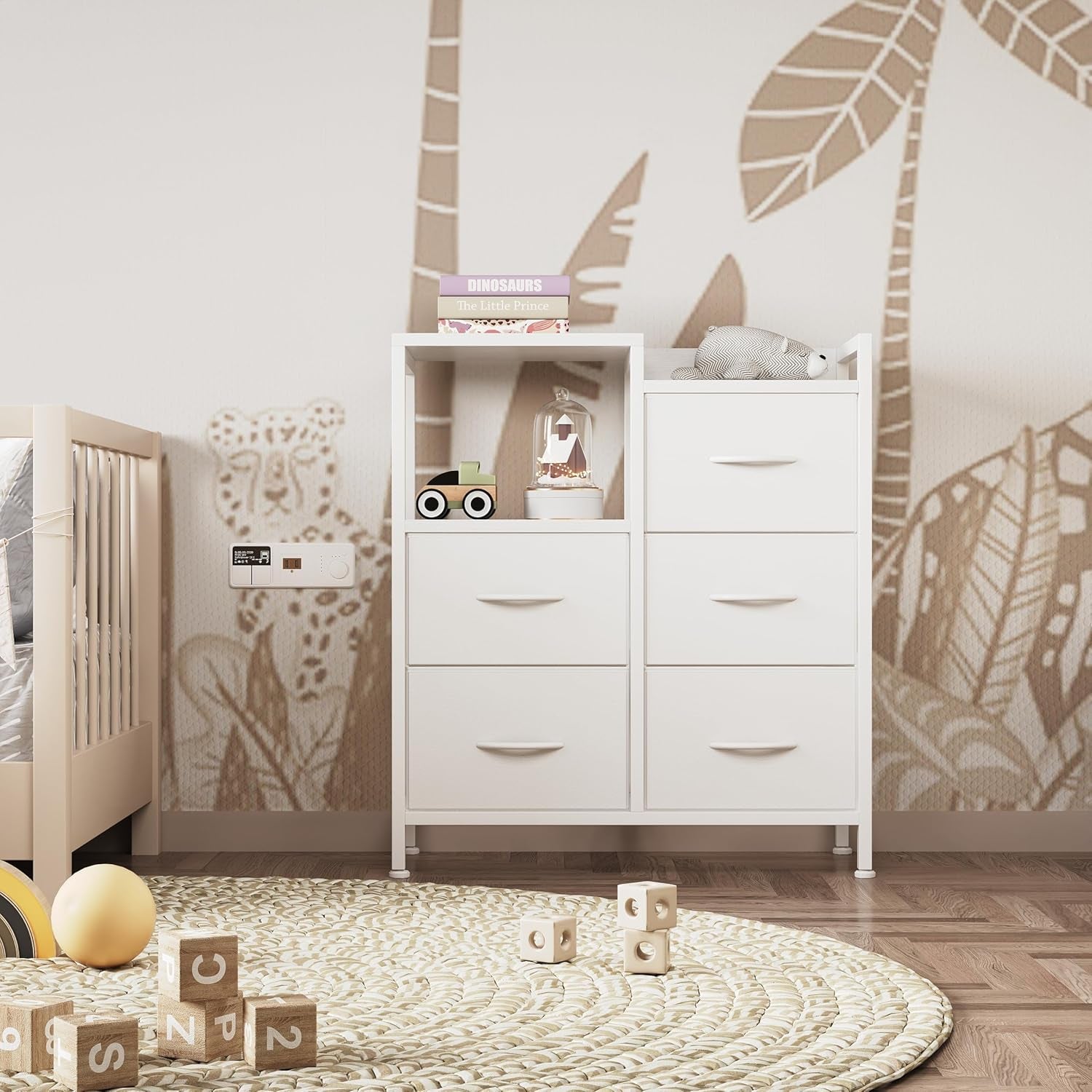 Fabric Dresser for Bedroom, 5 Drawer 3-Tire Dresser, Storage Tower with Fabric Bins, Storage Cabinet for Entryway, Living Room & Closets (White)
