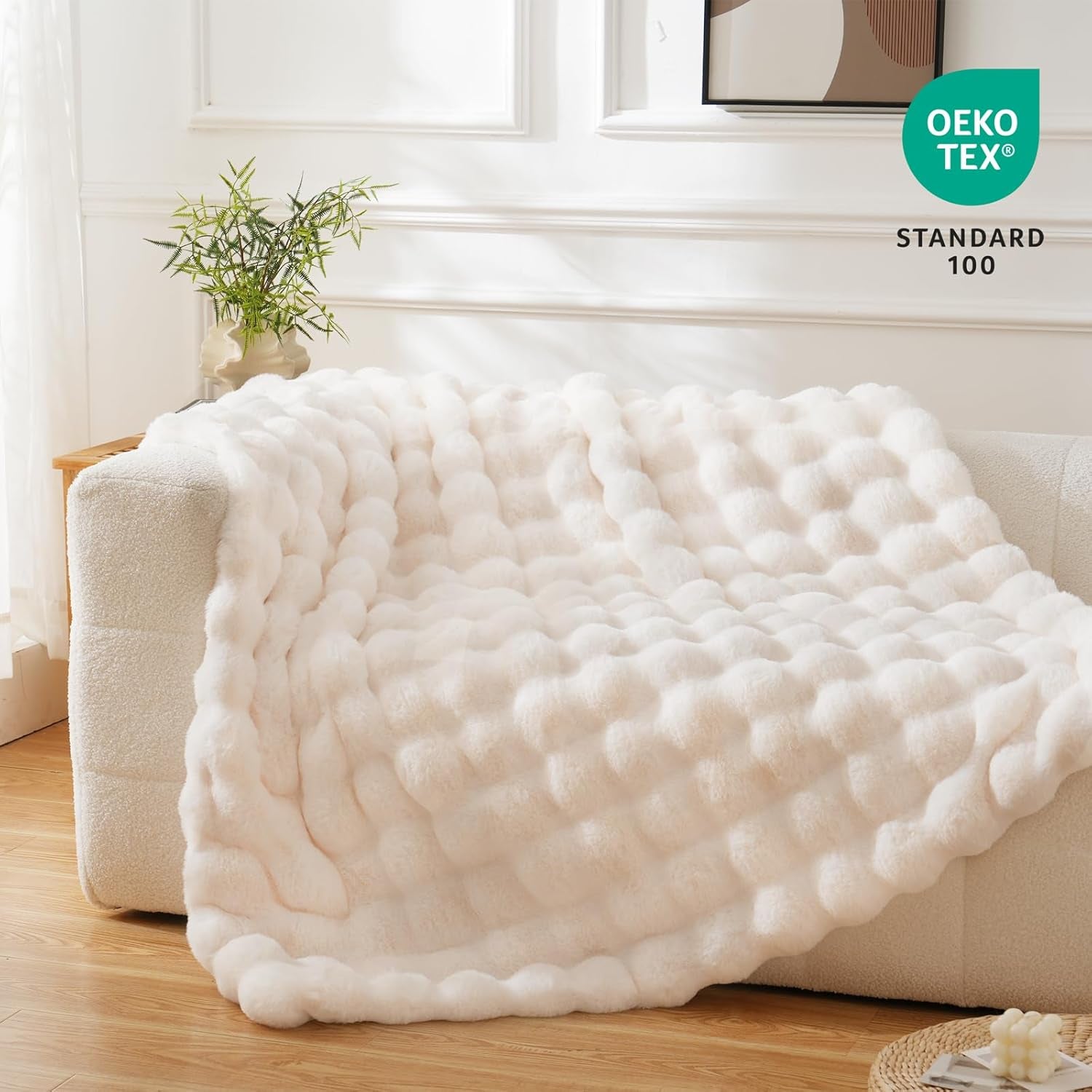 Luxurious Faux Fur Fleece Throw Blanket - Soft, Cozy, and Plush 51x63 Inches in White for Couch, Chair, and Bed