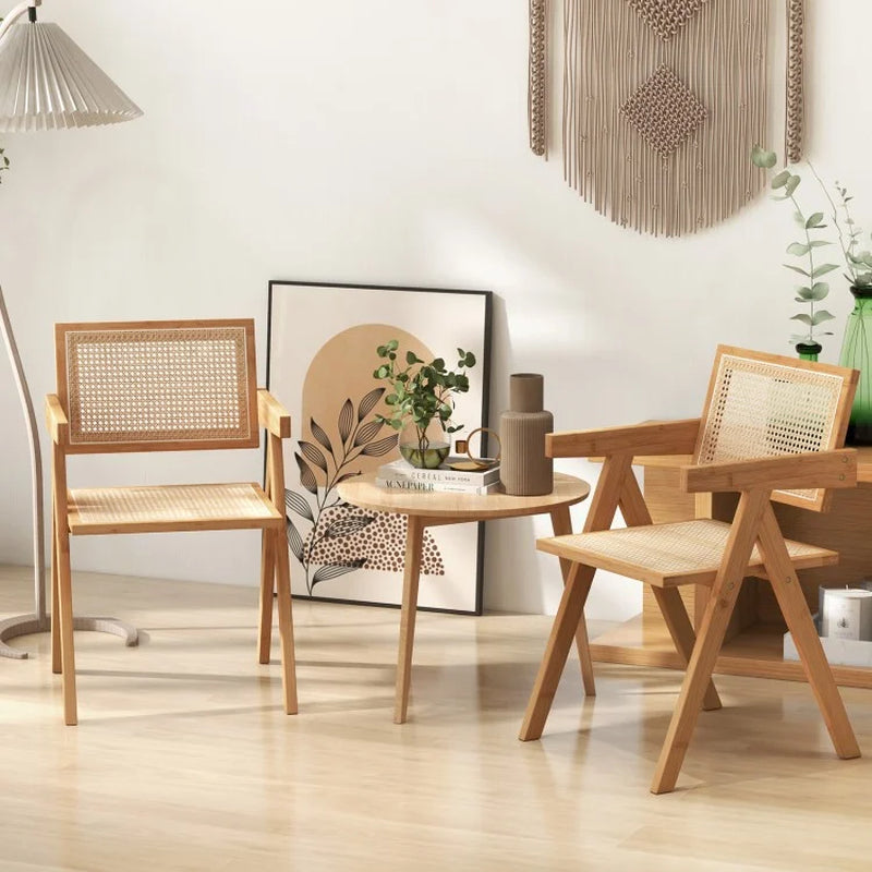 Set of Two Rattan Accent Chairs with Natural Bamboo Frame