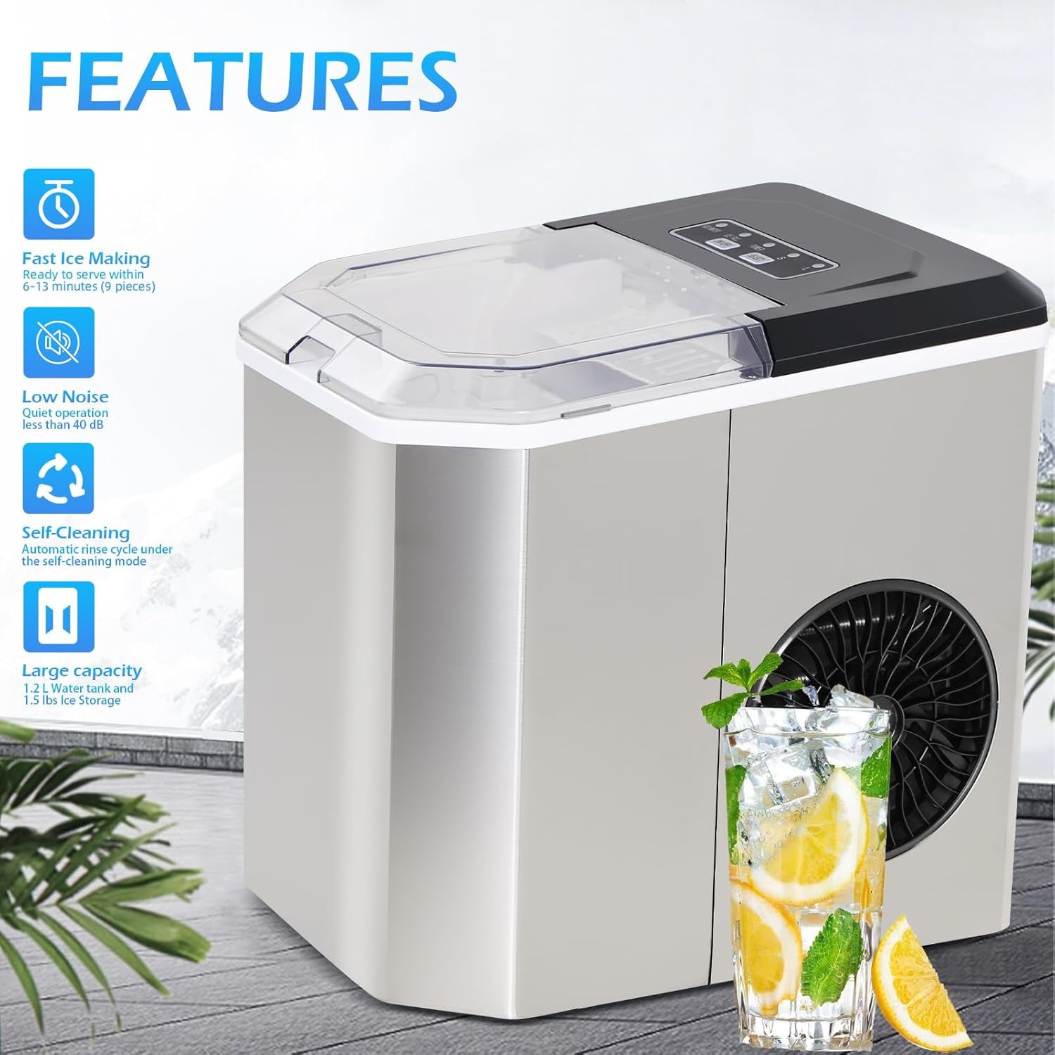 Portable Stainless Steel Countertop Ice Maker - Self-Cleaning, 26 lbs Daily Production, 9 Ice Cubes in 6 Minutes