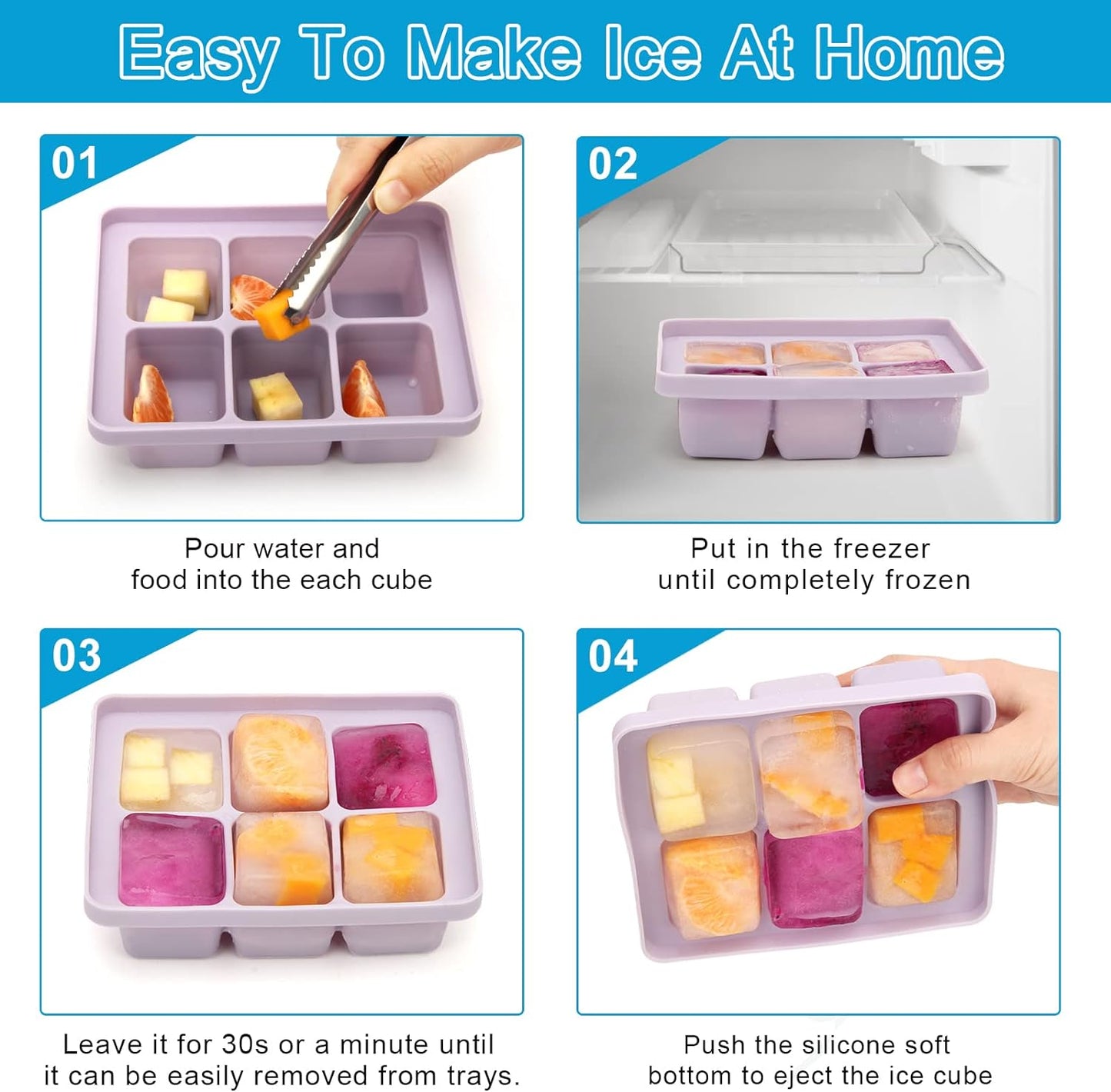 Silicone Ice Cube Tray Set with Lid and Tongs, 3-Pack Large BPA-Free Molds, Flexible Stackable Freezer Containers