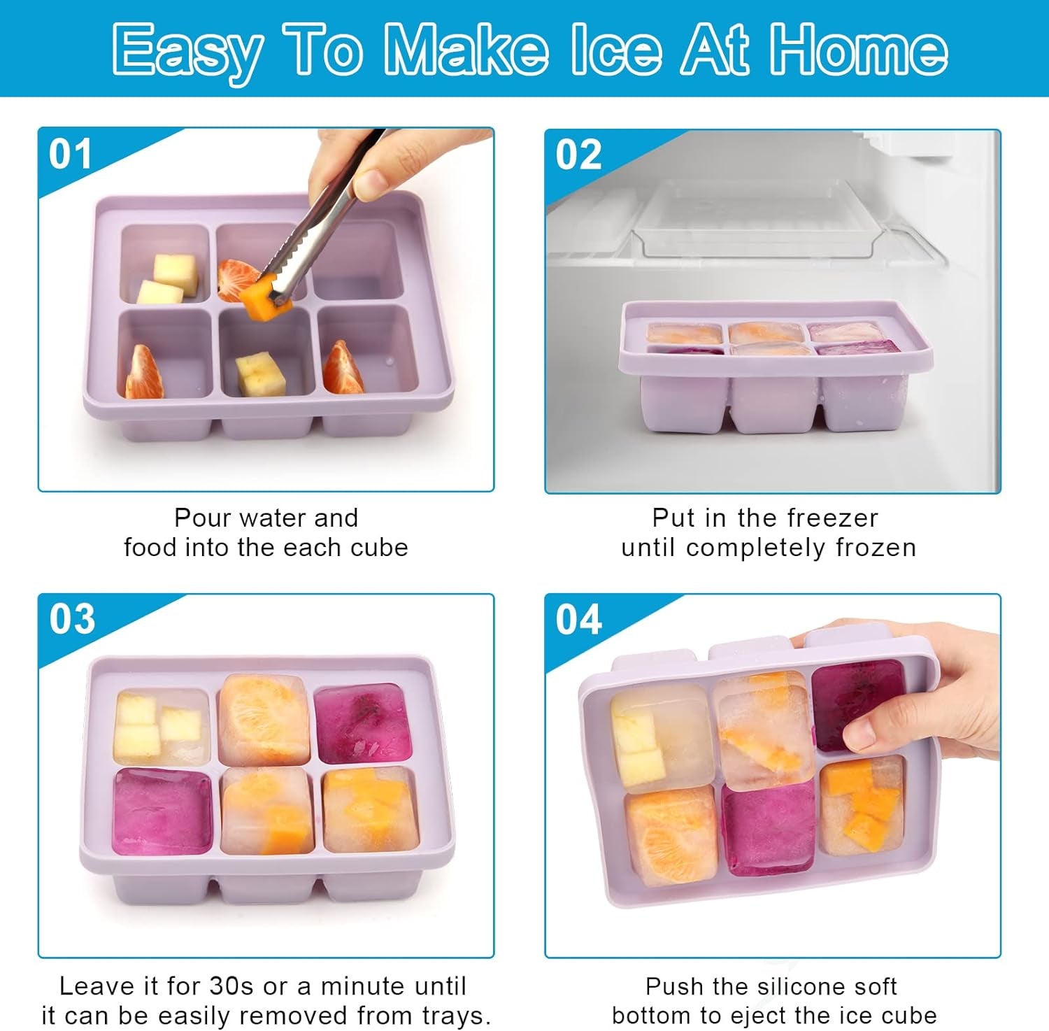 Silicone Ice Cube Tray Set with Lid and Tongs, 3-Pack Large BPA-Free Molds, Flexible Stackable Freezer Containers