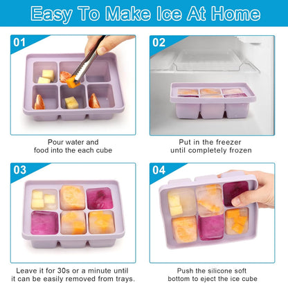 Silicone Ice Cube Tray Set with Lid and Tongs, 3-Pack Large BPA-Free Molds, Flexible Stackable Freezer Containers