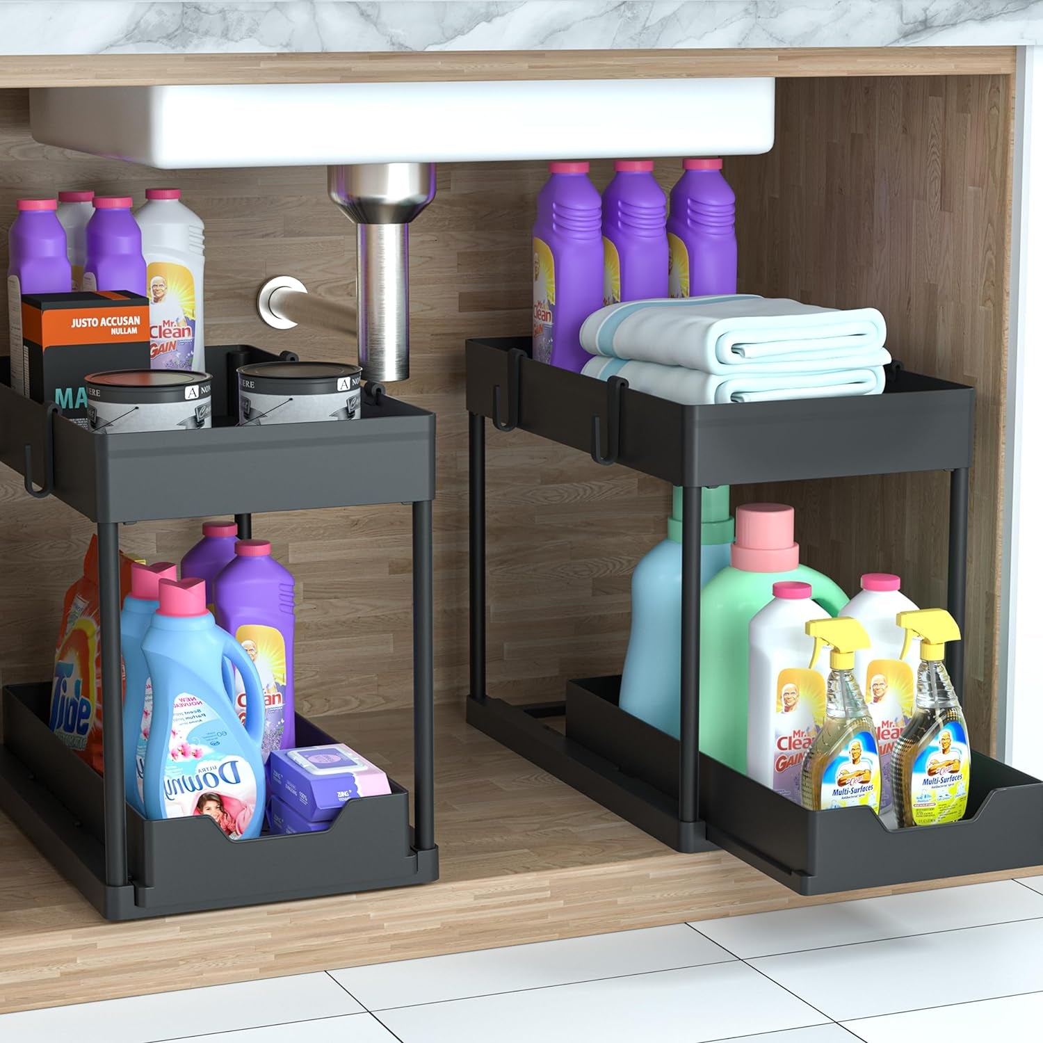 2-Tier Under-Sink Organizer Set with Sliding Baskets for Versatile Bathroom Storage, Black (2 Pack)