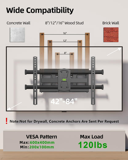 Full Motion TV Wall Mount for 42"-84" TVs, Articulating Swivel and Tilt Bracket, Max VESA 600x400mm, Supports Up to 120 lbs