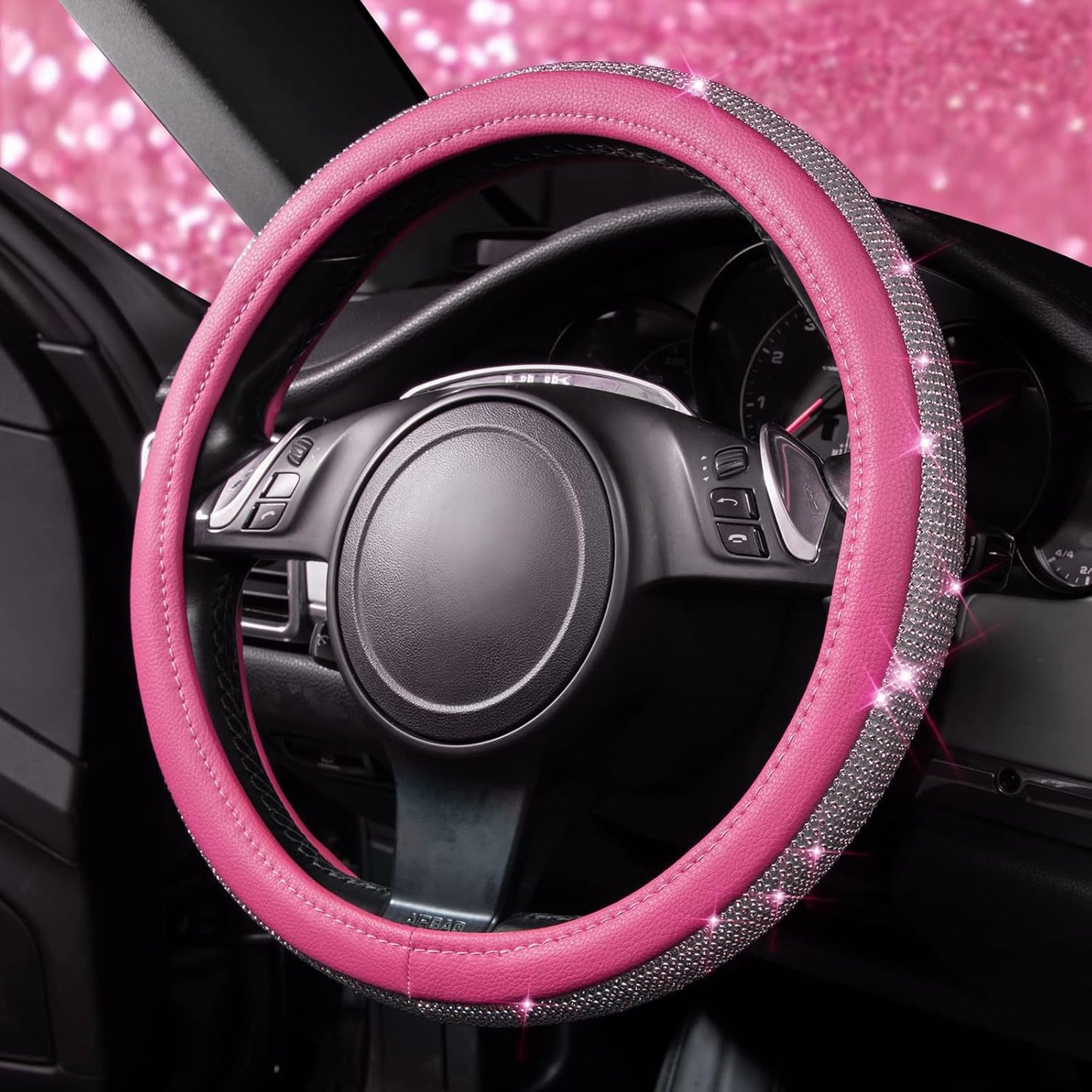 Diamond Pink Leather Steering Wheel Cover - Crystal Rhinestones - Universal Fit 14.5" to 15" - Sparkling Accessory