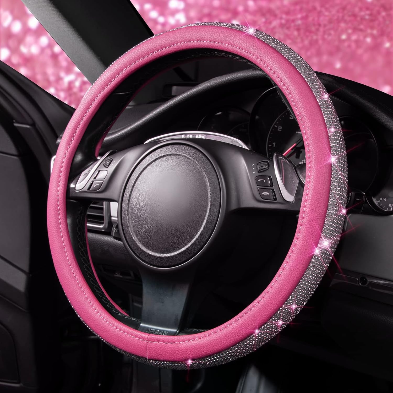 Diamond Pink Leather Steering Wheel Cover - Crystal Rhinestones - Universal Fit 14.5" to 15" - Sparkling Accessory
