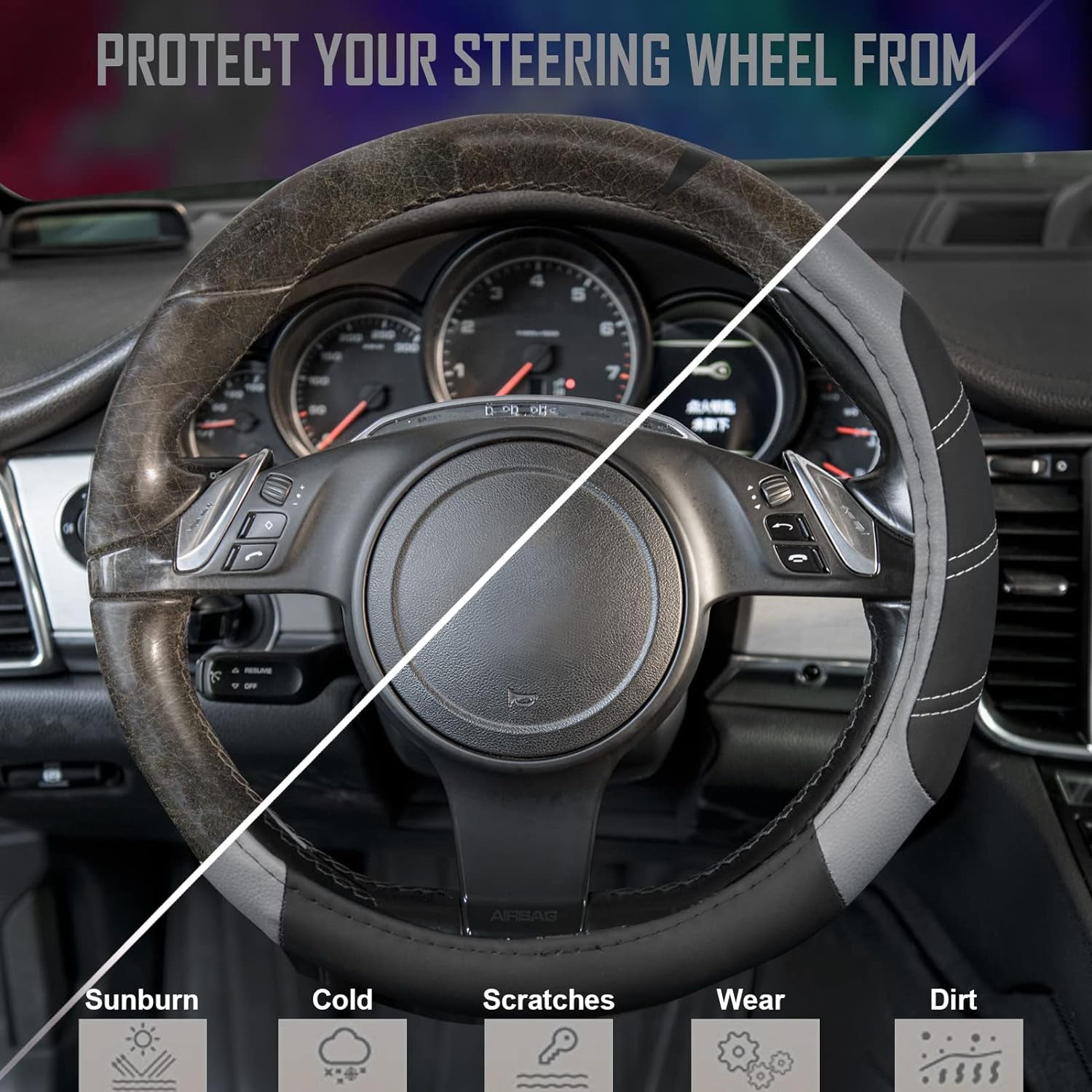 Line Rider Microfiber Leather Sport Steering Wheel Cover - Universal Fit (14.5-15 Inches) - Anti-Slip, Comfortable
