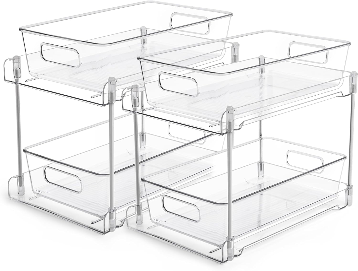 2-Tier Clear Bathroom Storage Organizer Set - Under-Sink and Vanity Counter Containers with Pull-Out Track System