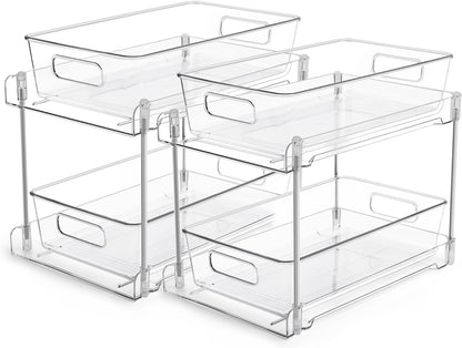 2-Tier Clear Bathroom Storage Organizer Set - Under-Sink and Vanity Counter Containers with Pull-Out Track System