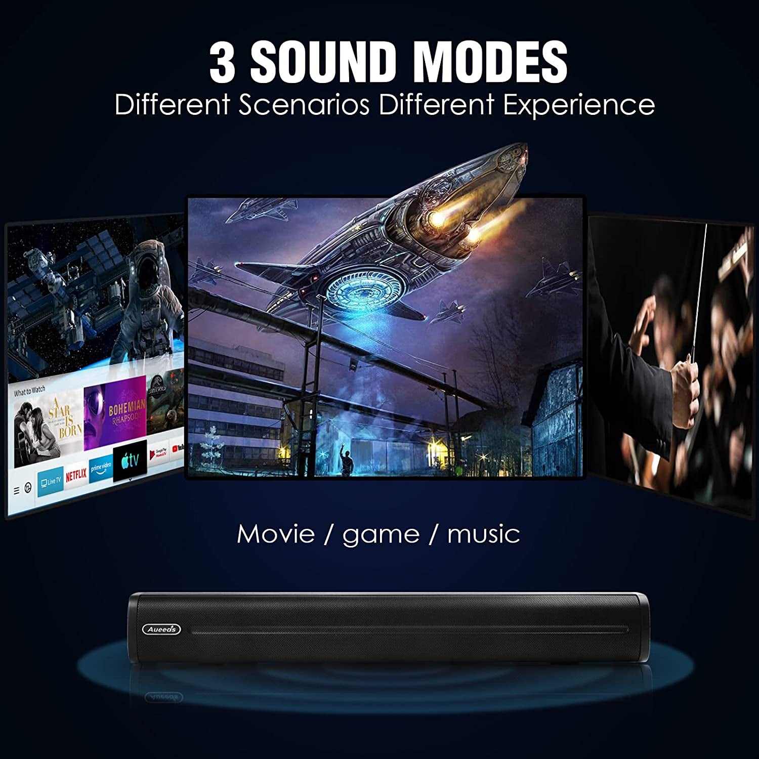Compact 50W Soundbar for TVs - 16-Inch Ultra-Slim Mini Surround Sound System - Wireless Bluetooth 5.0, Optical, AUX, USB Connectivity