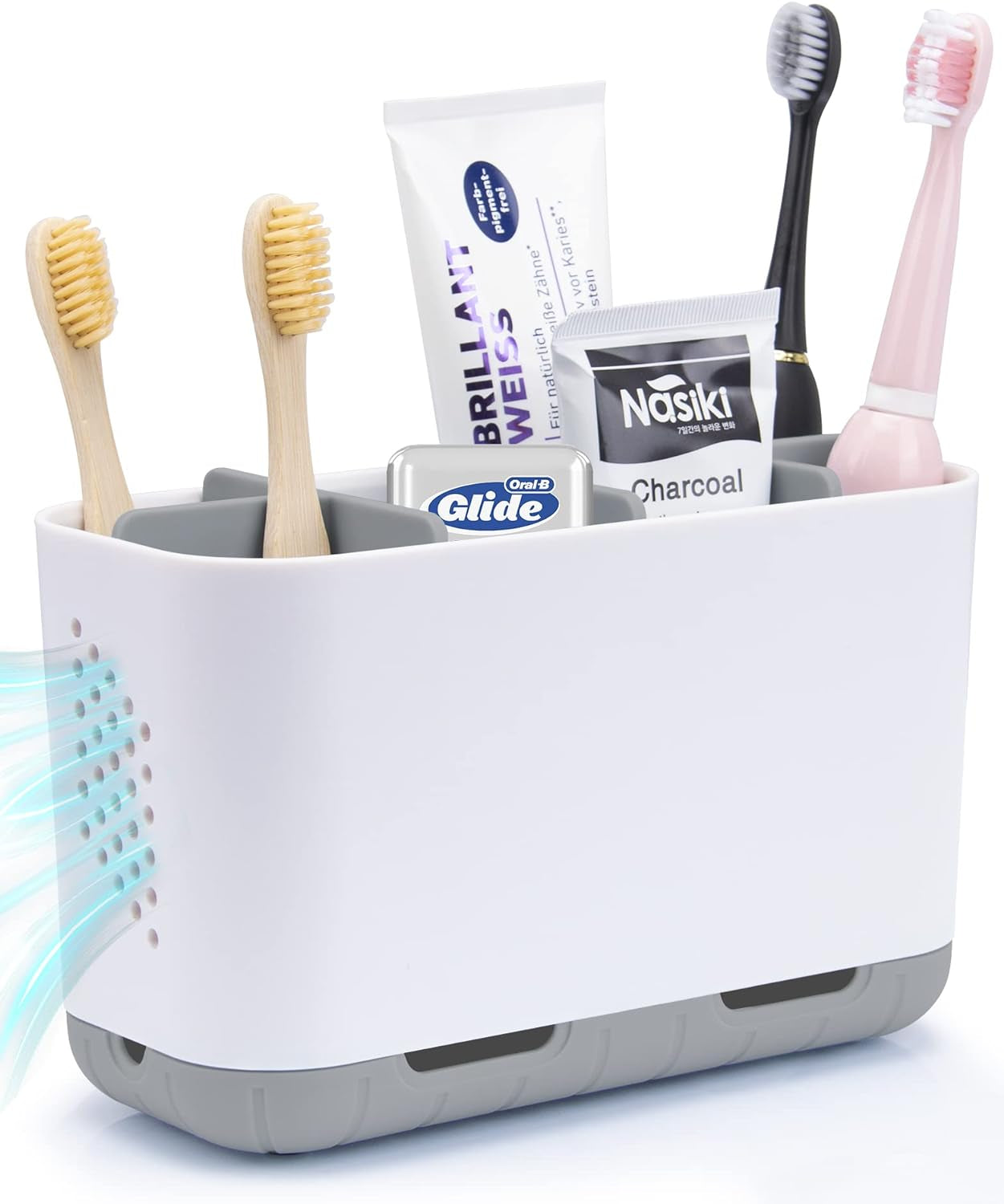 Brushed Nickel Toothbrush and Toothpaste Organizer Caddy with Adjustable Dividers for Bathroom and Kitchen Storage (Silver)