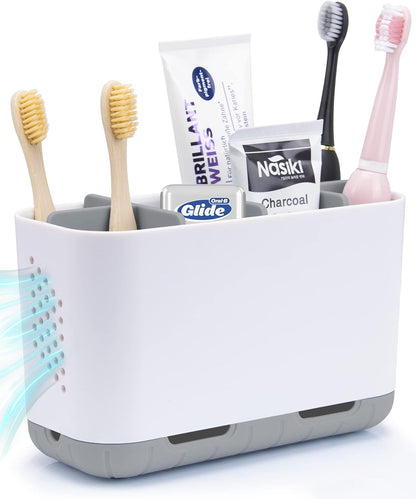 Brushed Nickel Toothbrush and Toothpaste Organizer Caddy with Adjustable Dividers for Bathroom and Kitchen Storage (Silver)