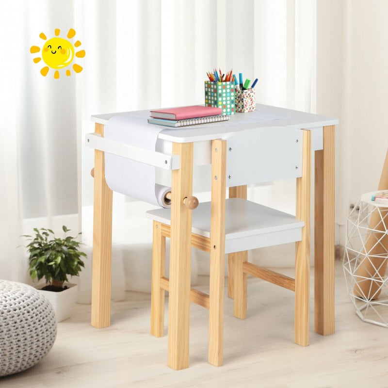 Children's Art Table and Chair Set with Storage Drawer, Paper Roll, and Two Markers