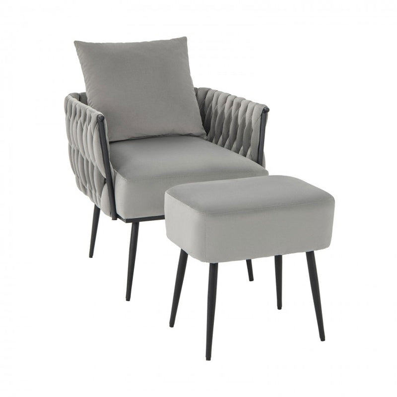 Contemporary Dutch Velvet Accent Chair and Ottoman Set with Woven Back and Armrests