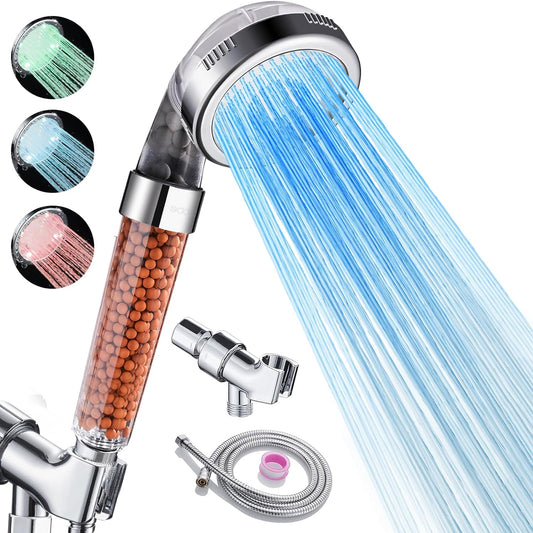 High-Pressure Filtered LED Handheld Shower Head with Color Changing Feature, Water-Saving Design, Hose, and Base for Enhanced Skin and Hair Care
