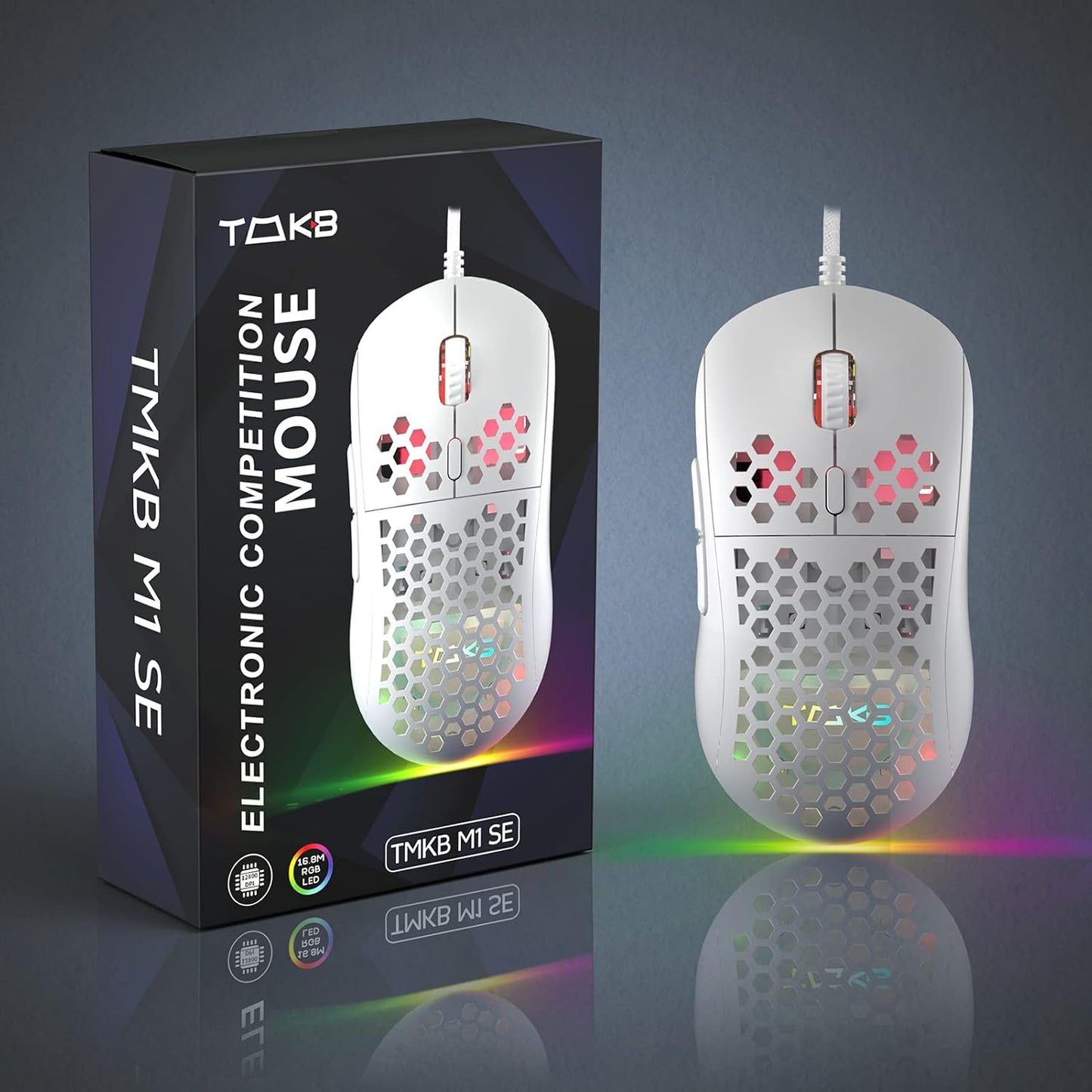 Ultralight Honeycomb Gaming Mouse with High-Precision 12800DPI Optical Sensor, 6 Programmable Buttons, Customizable RGB Lighting, Drag-Free Paracord, Ergonomic Design - Matte White
