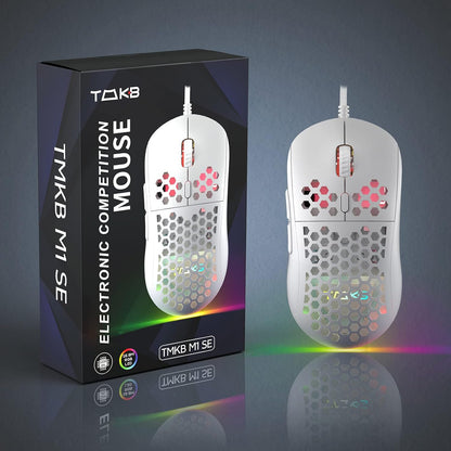 Ultralight Honeycomb Gaming Mouse with High-Precision 12800DPI Optical Sensor, 6 Programmable Buttons, Customizable RGB Lighting, Drag-Free Paracord, Ergonomic Design - Matte White