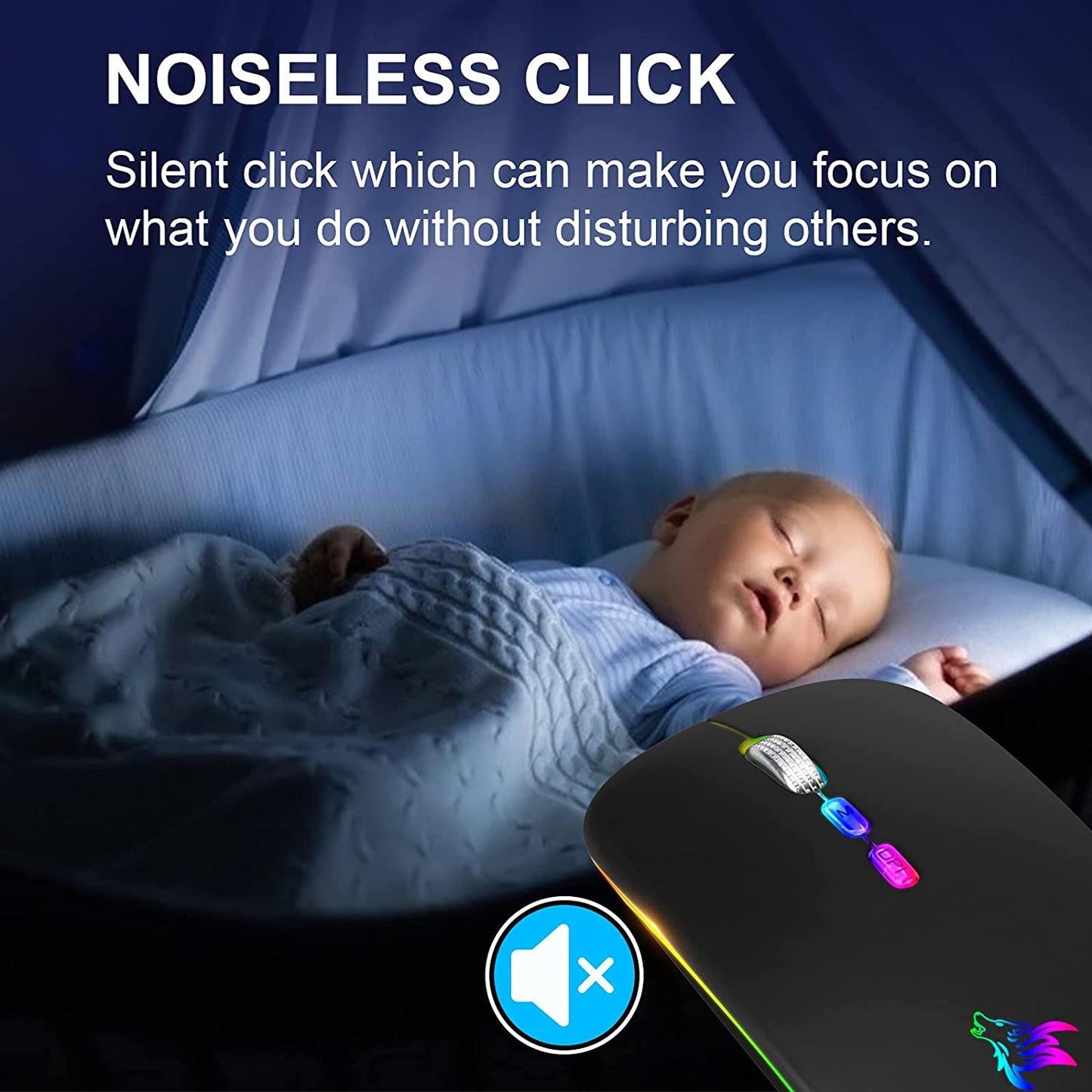 LED Wireless Mouse, Slim Rechargeable Silent Bluetooth Mouse, Portable USB Optical 2.4G Wireless Bluetooth Two Mode Computer Mice with USB Receiver and Type C Adapter (Black)