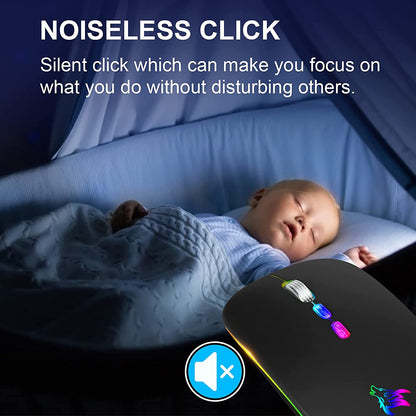 LED Wireless Mouse, Slim Rechargeable Silent Bluetooth Mouse, Portable USB Optical 2.4G Wireless Bluetooth Two Mode Computer Mice with USB Receiver and Type C Adapter (Black)