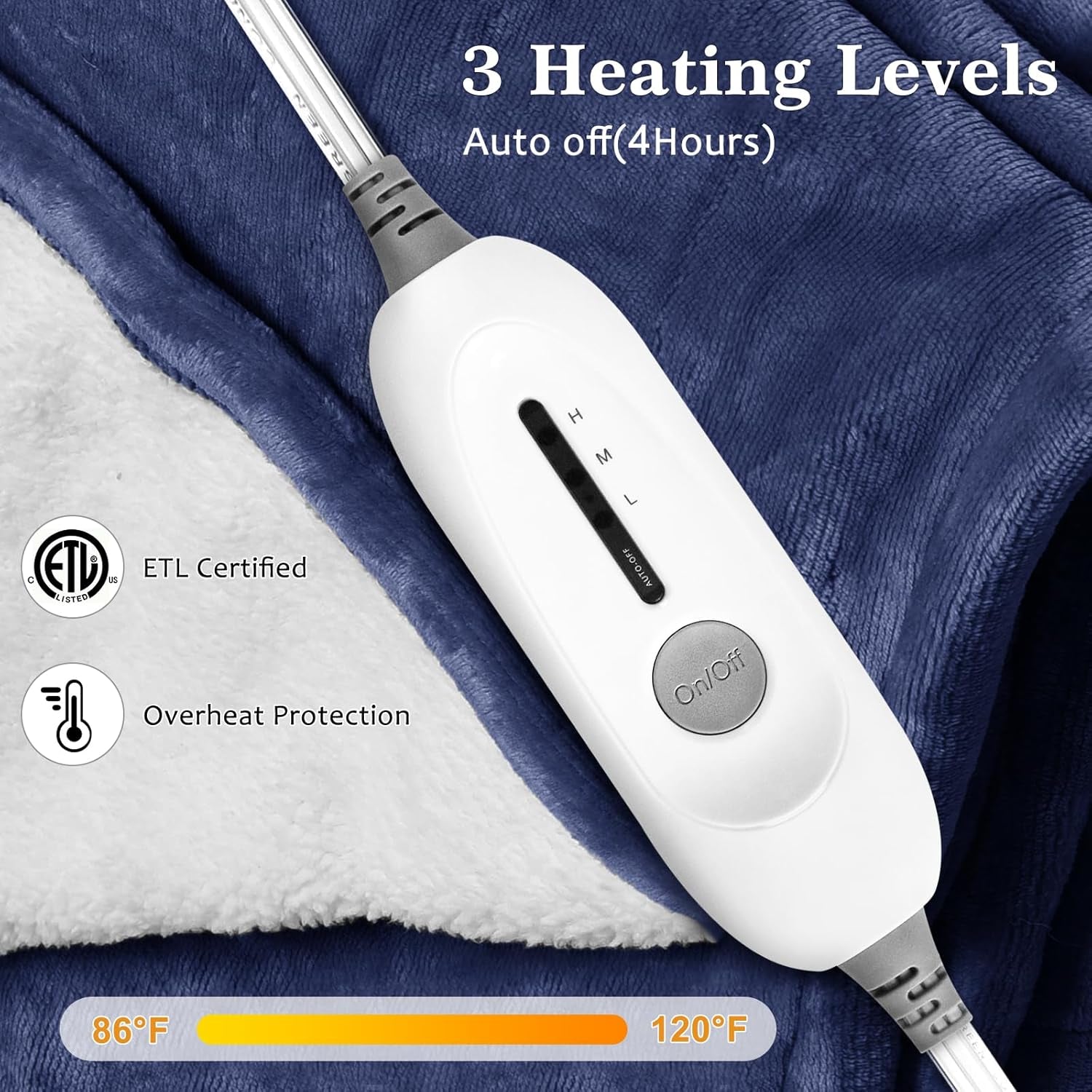 Reversible Electric Heated Blanket - Flannel/Sherpa, Fast Heating with 3 Temperature Settings, 4-Hour Auto Shut-Off, ETL Certified, Machine Washable, 50" x 60