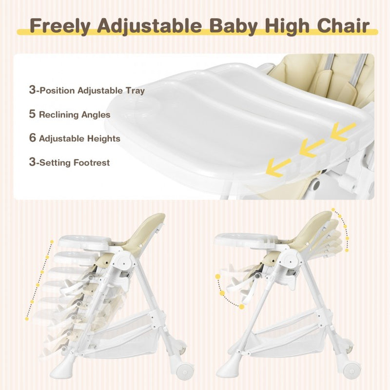 Folding Baby Chair with Wheel Tray and Storage Basket