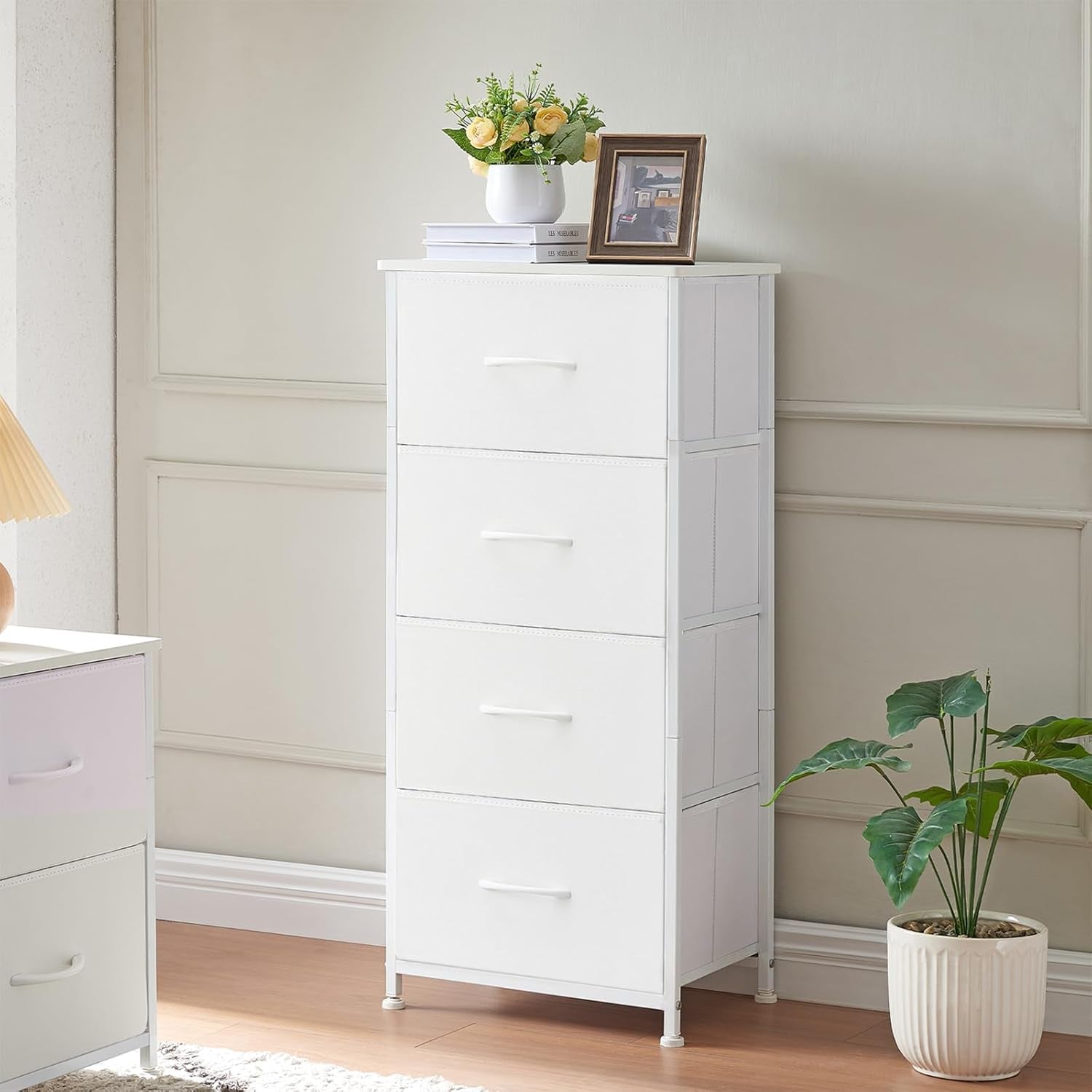 Tall Dresser for Bedroom, 4 Drawer Storage Organizer Chest of Drawers with Removable Fabric Bins - White Leather