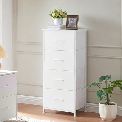 Tall Dresser for Bedroom, 4 Drawer Storage Organizer Chest of Drawers with Removable Fabric Bins - White Leather