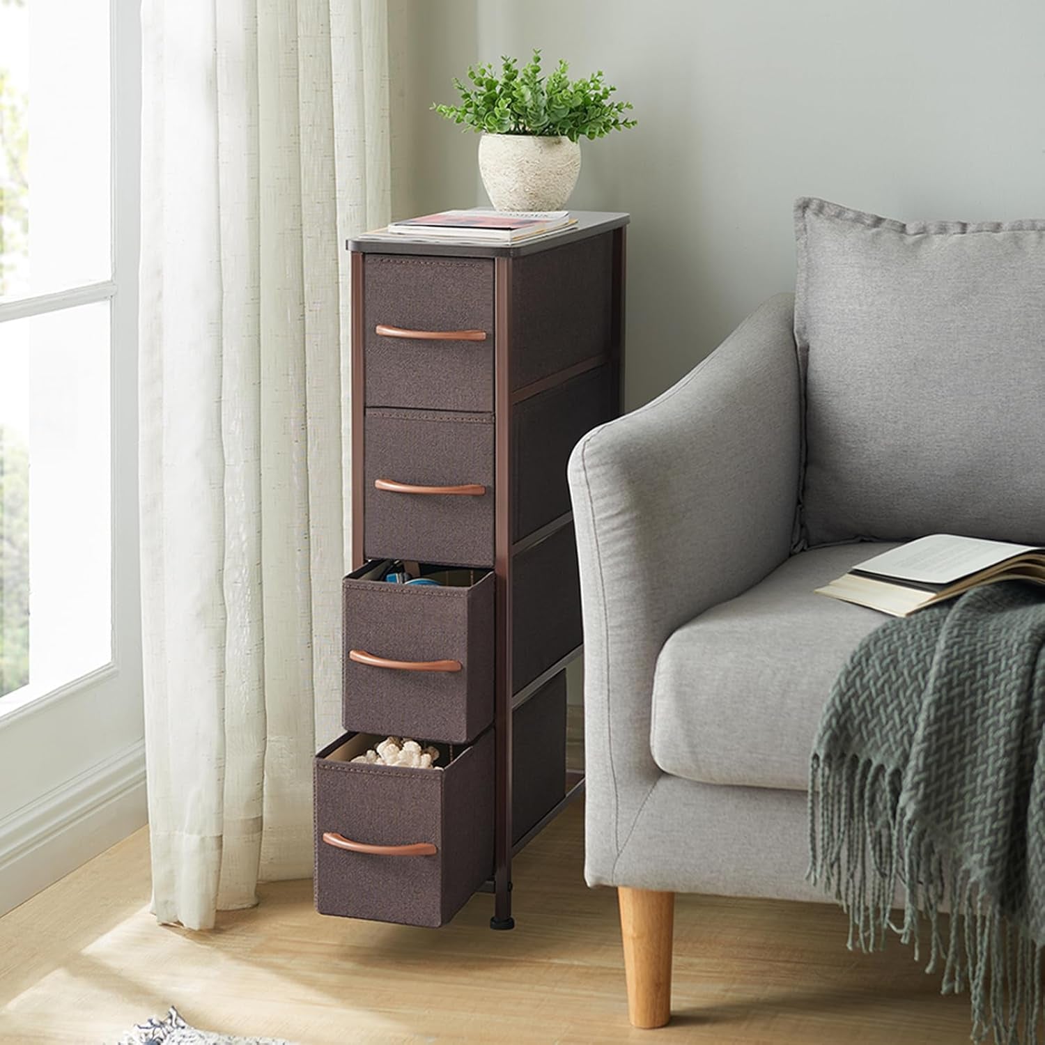 Narrow Dresser with 4 Drawers, Slim Storage Chest of Drawers with Removable Fabric Drawers for Closet Small Spaces Bathroom Bedroom Laundry, Coffee Brown