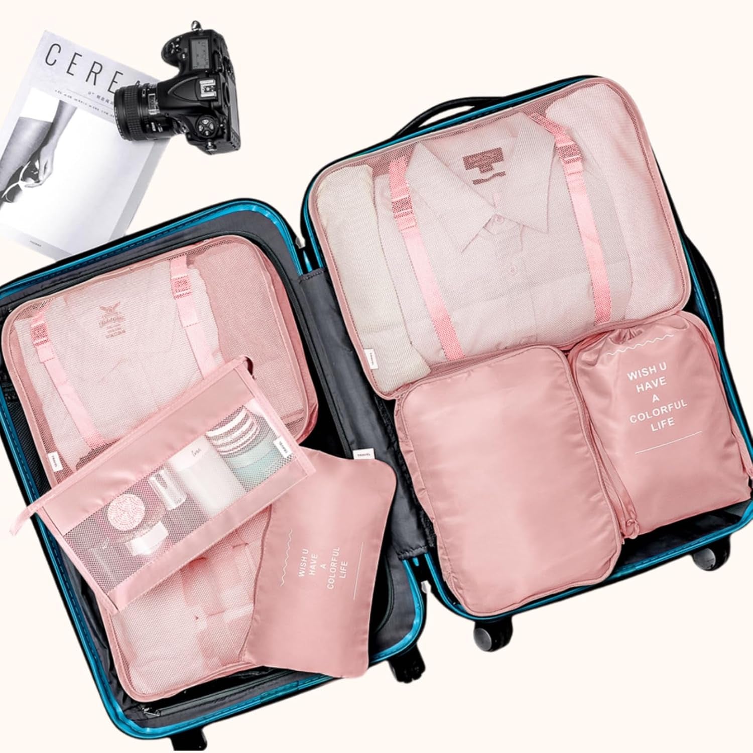 7-Piece Travel Packing Cube Set with Toiletry Bag in Pink