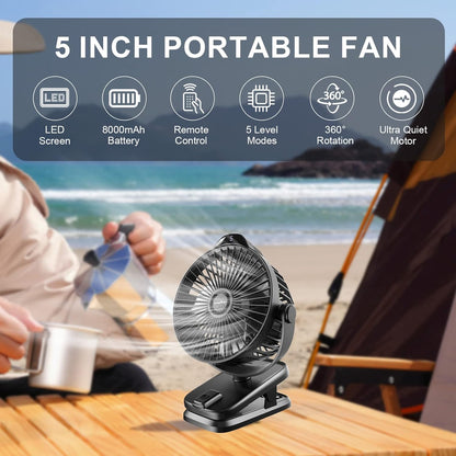 Portable Rechargeable Mini Desk Fan with Remote Control | 8000mAh Battery | 5 Speed Settings | 5-Inch Clip-On Fan
