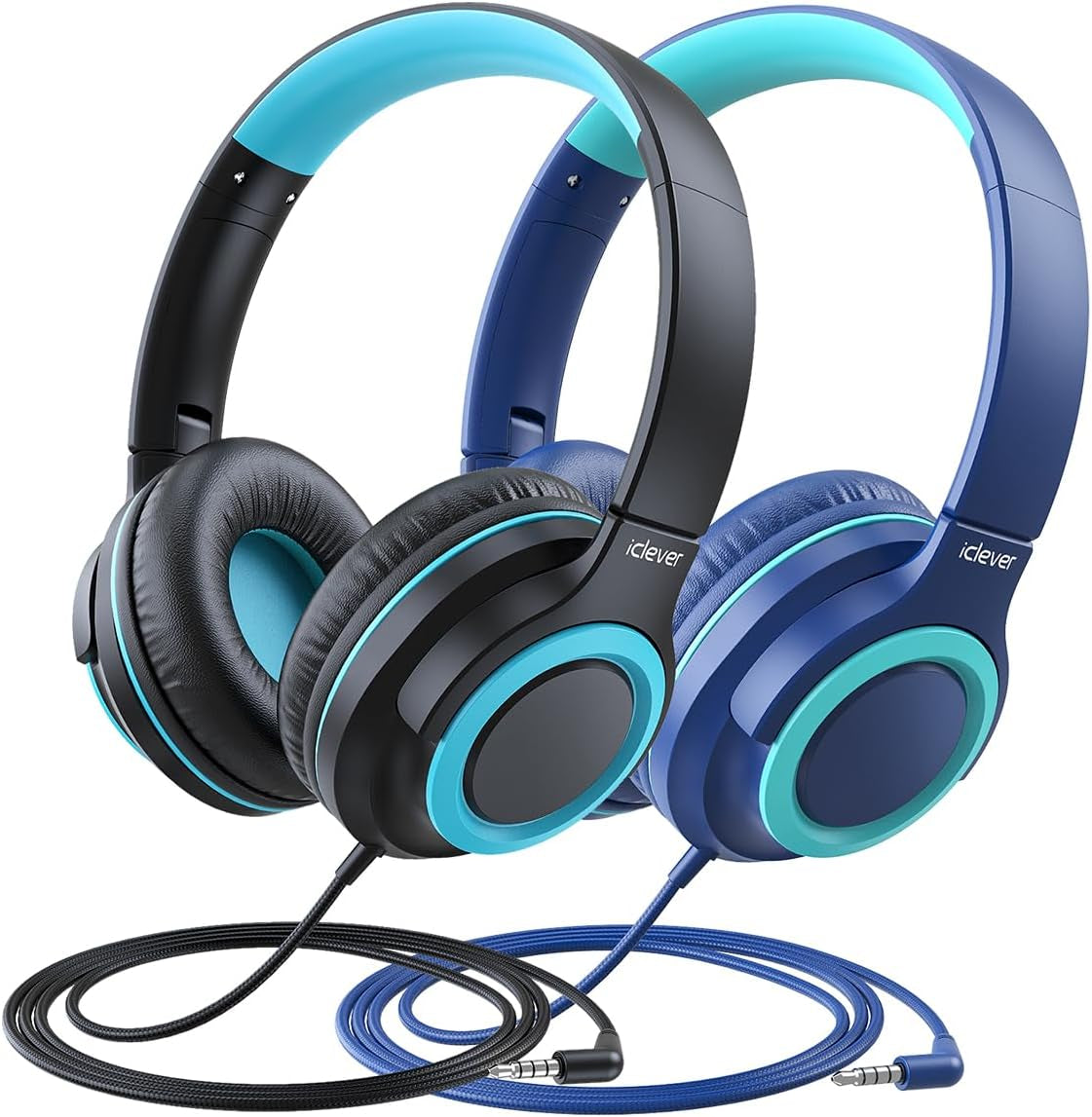 2-Pack Children's Headphones with Sharing Splitter - 94dB Volume Limiting - HS22 Wired Stereo Headphones for Kids and Teens, Tangle-Free 3.5mm Jack, Foldable Design for School, Tablets, and Travel