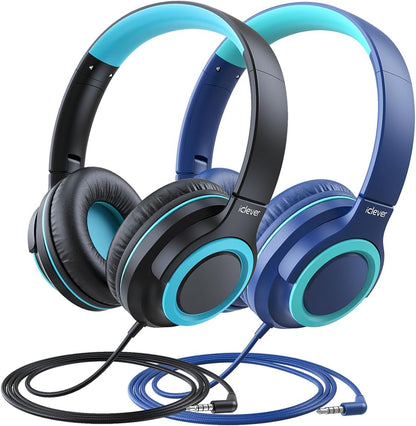 2-Pack Children's Headphones with Sharing Splitter - 94dB Volume Limiting - HS22 Wired Stereo Headphones for Kids and Teens, Tangle-Free 3.5mm Jack, Foldable Design for School, Tablets, and Travel